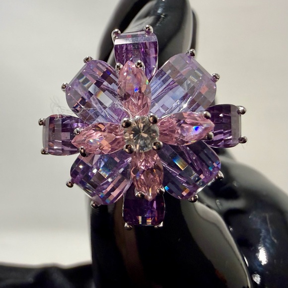 Signed KC Sterling Silver 925 Amethyst and CZ Cocktail Statement Ring size 7